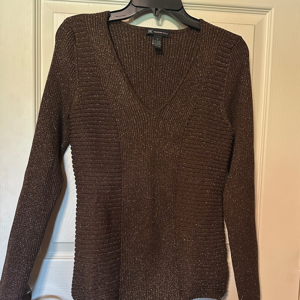 INC International Concepts Sparkle Bronze/Brown V-Neck Sweater